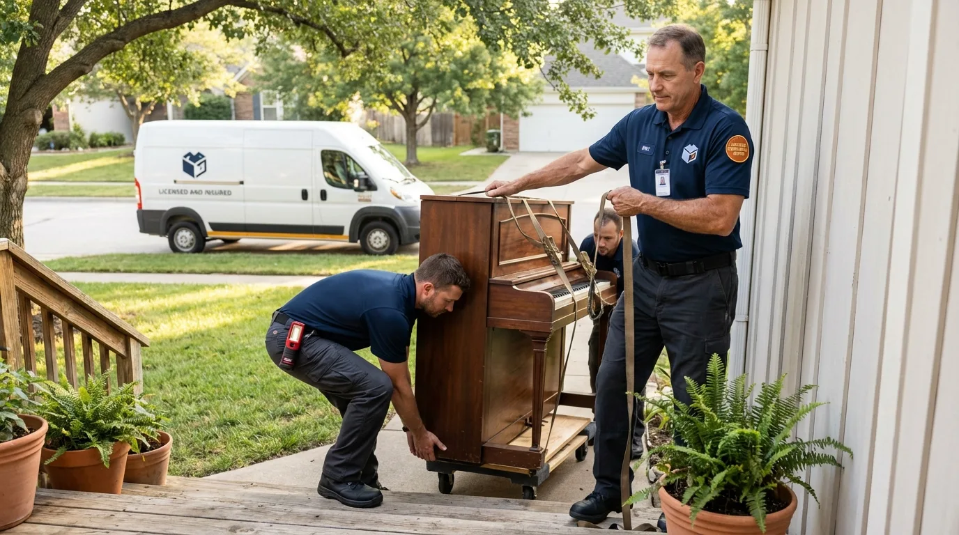 Licensed piano movers securing grand piano in Kimberly, WI