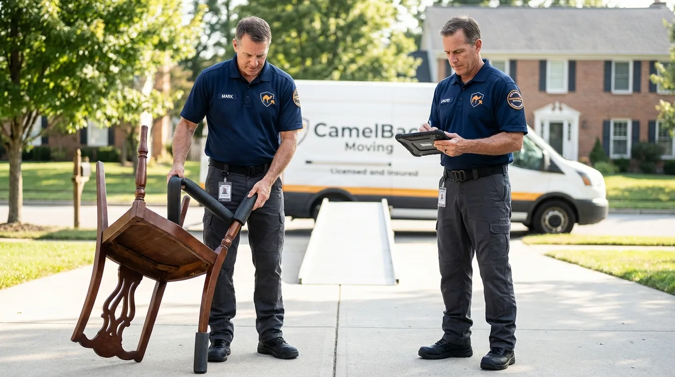 Movers inspecting furniture for damage prevention before loading in Kimberly, WI